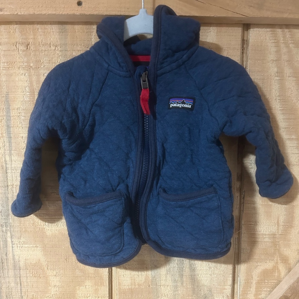 Patagonia Navy Baby Hooded Quilt Jacket with Red Trim